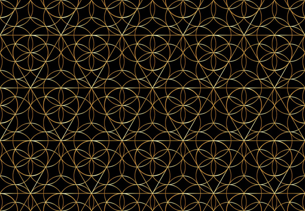 Ouro sem costura Flor de símbolo de vida no fundo preto, Geometria Sagrada. Mandala mística geométrica dourada de alquimia semente esotérica da vida em arte de linha. Modelo de luxo vetorial - Vetor, Imagem