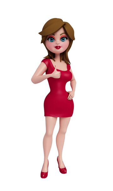 3D-Illustration von Mädchen mit erhobenen Daumen. - Foto, Bild