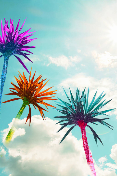 Abstract bright multicolored palms on a background of blue sky with clouds - Photo, Image