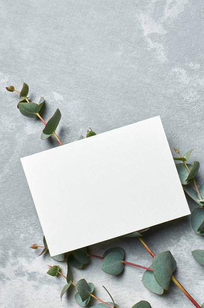 Wedding invitation card mockup with eucalyptus twigs on grey stony background - 写真・画像