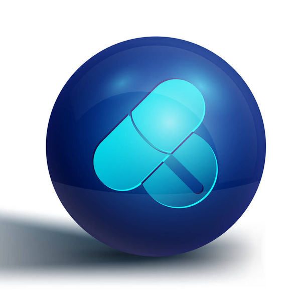 Sininen Medicine pilleri tai tabletti kuvake eristetty valkoisella taustalla. Kapseli pilleri ja huume merkki. Apteekkien suunnittelua. Sininen ympyrä nappi. Vektori. - Vektori, kuva