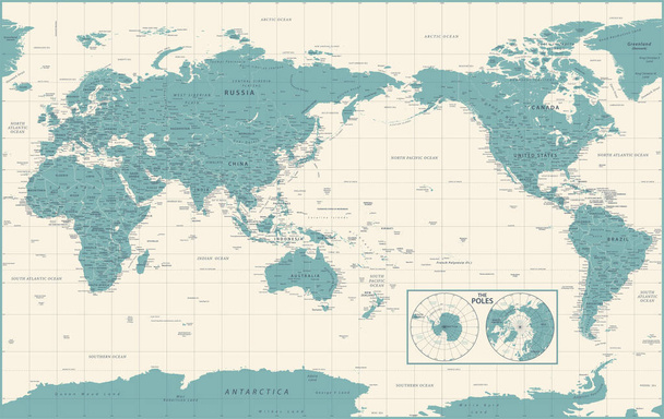 Mapa del Mundo - Pacífico China Asia View - Topográfico Político Vintage - Vector detallado - Vector, Imagen