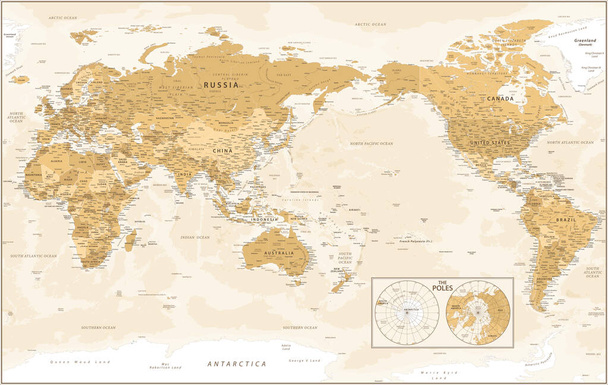 Mapa do Mundo - Pacífico China Ásia Vista Centrada - Vintage Golden Political - Vector Detalhado - Vetor, Imagem