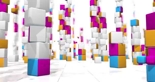 Camera beweegt tussen torens van rood, geel en blauw gekleurde blokjes met kleine blokjes die rondvliegen op een wit geblokt oppervlak met witte achtergrond. Lusvolgorde. 3D-animatie - Video