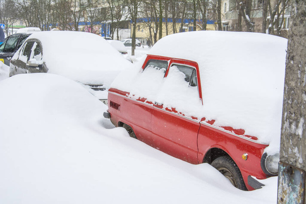 Kiova, Kurchatov katu. Talvella. Kaikki autot ovat lumen peitossa. - Valokuva, kuva