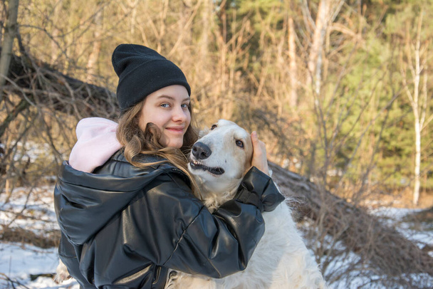 In de winter bos op een heldere zonnige dag, een meisje knuffelt een Russische windhond en speelt met haar. - Foto, afbeelding