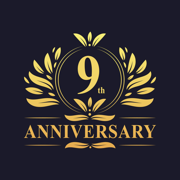 9th Anniversary Design, luksusowy złoty kolor 9 lat jubileuszowy projekt logo uroczystości. - Wektor, obraz