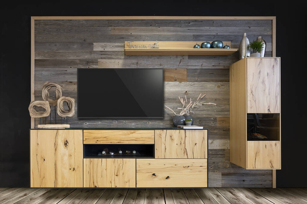 trendige Hängeschrank mit Fernseher und altem Holz als Rückwand mit Kastenregal und Dekoration - Foto, Bild