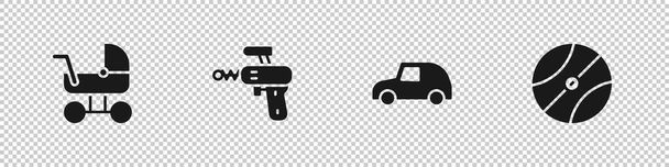 Babakocsi, Ray pisztoly, játékautó és kosárlabda ikon. Vektor. - Vektor, kép