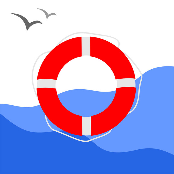 Červená záchranná bóje na pozadí modrých mořských vln s racky vzadu - Vektor, obrázek