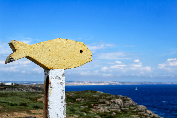 ポルトガルのペニケの視点でカラフルな黄色の石の魚。背景に大西洋 - 写真・画像