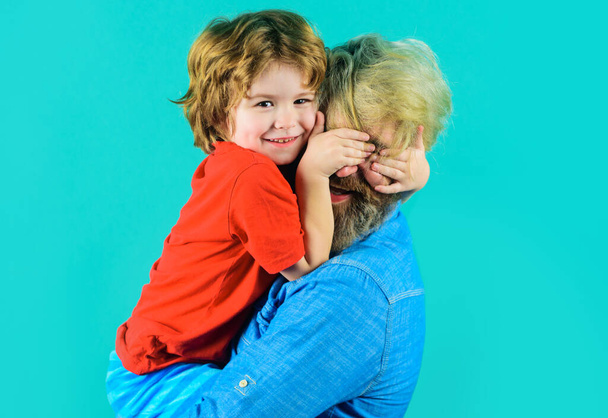 Happy fathers day. Dad hugs with son. Family time. Good relationships. Parentship concept. - 写真・画像