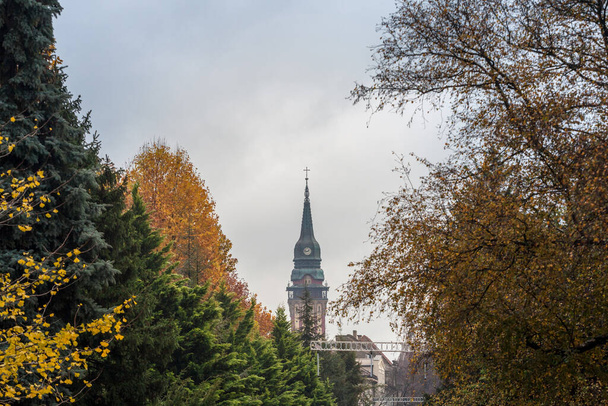 Primer plano en la torre del reloj del Ayuntamiento de Subotica, en Serbia, al atardecer, en otoño, rodeado de árboles. También llamado Gradska Kuca, es el principal punto de referencia de la ciudad, inaugurado en 1910 - Foto, Imagen
