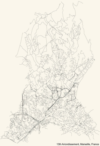 Černá jednoduchá podrobná mapa ulic na vinobraní béžové pozadí čtvrtě 13. obvodu (Chteau Gombert, Croix-Rouge, Malpass, Mdecins, Mourets, Olives, Palama, Rose, Saint-Jrme, Saint-Just, Saint-Mitre) v Marseille, Francie - Vektor, obrázek