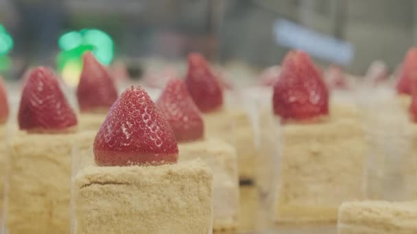 On the counter of a pastry shop are cakes with fresh strawberries on top - Footage, Video