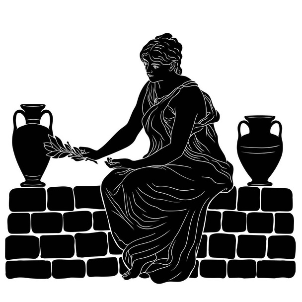 Μια νεαρή λεπτή γυναίκα με αρχαίο ελληνικό χιτώνα κάθεται σε ένα πέτρινο στηθαίο και κρατά ένα κλαδί δάφνης στο χέρι της. Σχήμα που απομονώνεται σε λευκό φόντο. - Διάνυσμα, εικόνα
