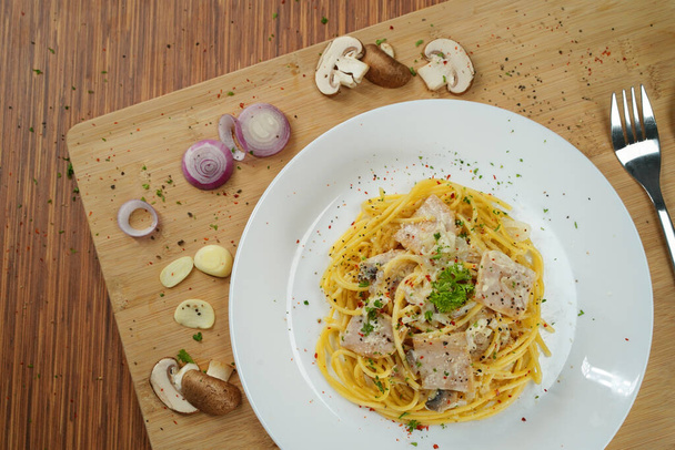 fantasia vista superior espaguete carbonara almoço jantar restaurante refeição - Foto, Imagem