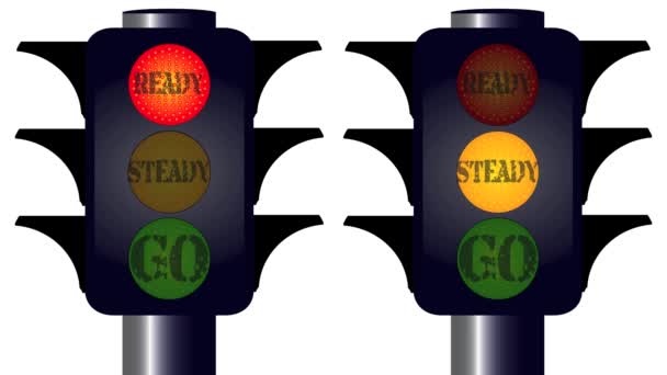 Par de semáforos listos para el tránsito constante que muestran la secuencia de luz verde ámbar roja de los Estados Unidos de América en una animación en bucle - Metraje, vídeo