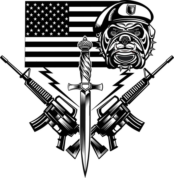 Militär-Bulldogge und Gewehre - Vektor, Bild
