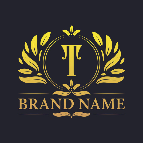 Golden vintage ornamental alphabet T logo design. Luxurious golden elegant letter T logo design template. - ベクター画像