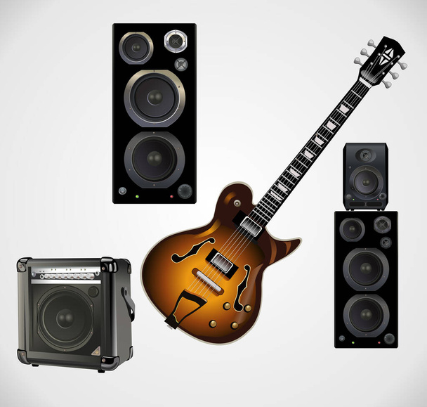 Red electric guitar and classic amplifier and speakers on a white background - Vector, Imagen