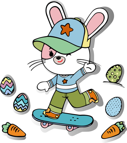 Webイースター休暇のための卵やニンジンでクリアリングでスケートボード上のウサギ.ポストカードやポスター用.白い背景のベクトル図 - ベクター画像