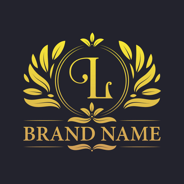 Golden ornamental alphabet L letter logo design. Luxurious golden elegant letter L logo design template. - ベクター画像