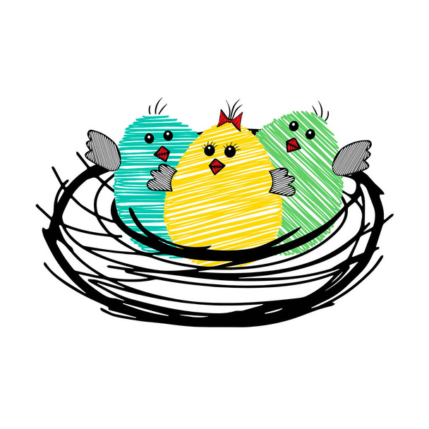 A group of Tree Yellow green blue scribble Vector Easter eggs or chickens are in the nest isolated on a white background for embroidery - Vector, Image