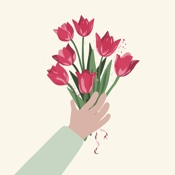 Csokor tulipán, mint egy ajándék, kéz halad virágok, illusztrációk lapos stílusban fehér háttér. Fényes virágok. Kézrajz. Képeslap, banner, fogalom. Vektor. - Vektor, kép