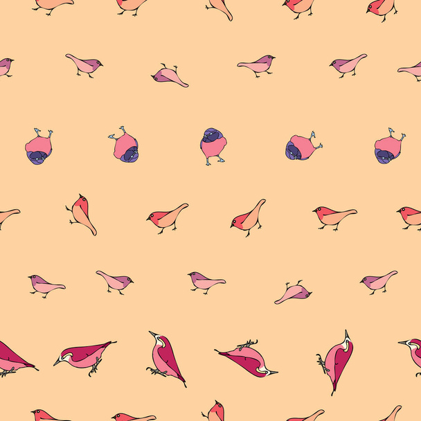 Vector pastel fondo naranja varios pájaros rojos patrón sin costura. Finch púrpura, fondo de patrón sin costuras - Vector, Imagen