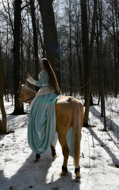 красива дівчина в блакитному вбранні і світло-коричневий кінь у весняному лісі
 - Фото, зображення