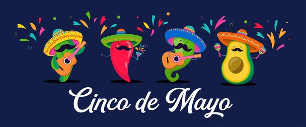 Cinco de Mayo - 5 maja, święto federalne w Meksyku. Zabawne, słodkie postacie jak pieprz chili, awokado, kaktusy grające na gitarze, tańczące i pijące tequilę.  - Wektor, obraz