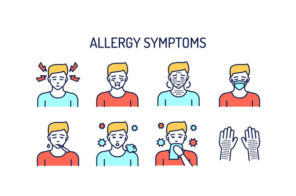 Los síntomas de alergia alinean el concepto de iconos de color. Enfermedades dermatológicas, infecciosas. - Vector, imagen