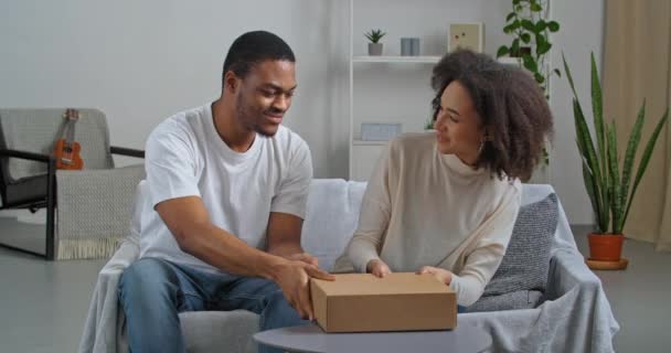 Couple afro-américain recevant colis à la maison pendant verrouillage tirer dans différentes directions boîte en carton veulent posséder cadeau frisé jeune femme donnant l'ordre concède à son mari bien-aimé, concept de cupidité - Séquence, vidéo
