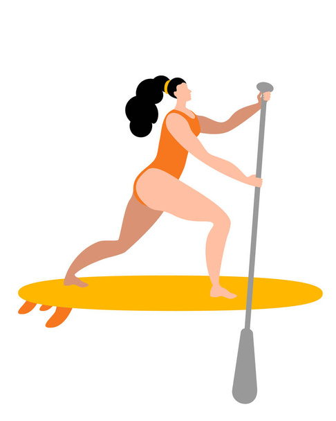 Mayolu ve kürekli bir kız sörf tahtasının üzerinde duruyor.. - Vektör, Görsel