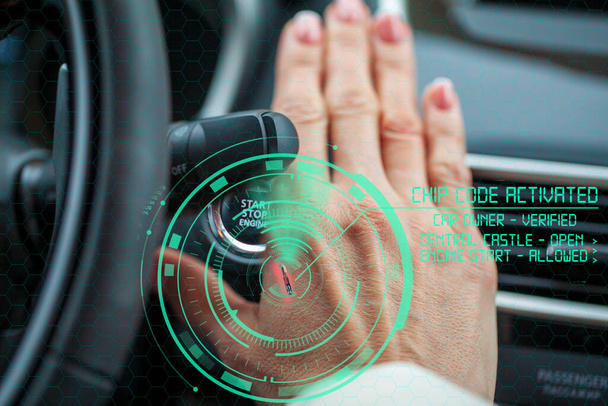 Human Chipping Concept, RFID Tags. A female hand with an implantable chip starts the engine a car, toning. - Photo, image