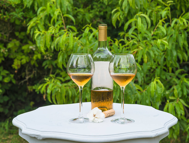 Одна пляшка і два келихи з білим вином і білою трояндою на старовинному білому столі в зеленому саду
 - Фото, зображення