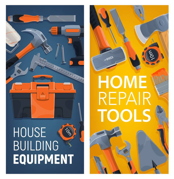House building equipment, home repair tools vector banners. Shop and store ad cards with construction diy instruments for carpentry and home renovation works. Painting brush, woodwork hammer, wrench - Vector, Image