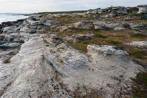 Doğal deniz kıyısı taşları ve kayalık kaya, Arktik Okyanus kıyısı Varanger yarımadası, Finnmark, Norveç - Fotoğraf, Görsel
