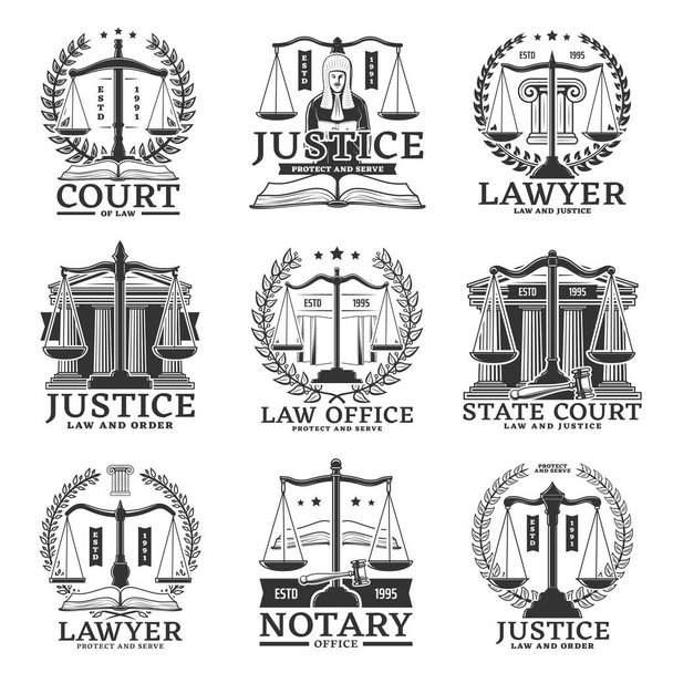 Ikony justice, právníci nebo notáři a symboly vektorů soudu. Právní předpisy, judikatura a právní oddělení známky soudních vah, soudce a právní knihy s kladívkem a vavřínem - Vektor, obrázek