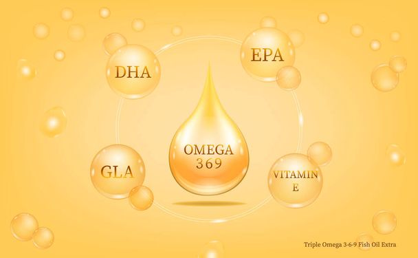 Triple Omega 3 6 9 fish-Oil extra vitamin drop pill capsule. Shining golden essence droplet. Beauty treatment nutrition skin care design. Vector illustration. - Vector, imagen