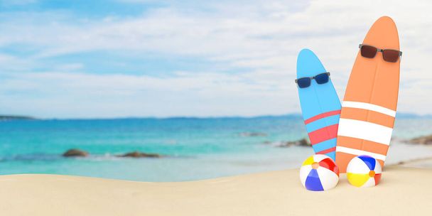 Surfboard φορώντας γυαλιά ηλίου με μπάλα στην παραλία, 3D illustration - Φωτογραφία, εικόνα