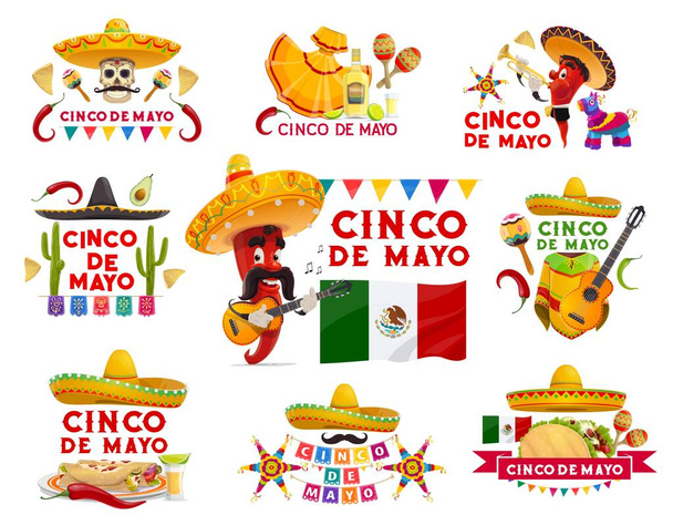 Cinco de Mayo vektorové ikony pinata, jalapeno pepř knírek hudebník v sombrero hrát na kytaru. Maracas, tequilu s citrónem, vlajku. Mexická jídla tacos, enchilady izolované emblémy s typografií set - Vektor, obrázek