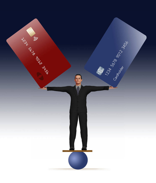 Egy öltönyös férfi egy kerek labdán áll, miközben két nagy hitelkártyát egyensúlyozik a kinyújtott kezében. Ez egy 3D-s illusztráció a hitelkártya egyenlegek kezeléséről. - Fotó, kép