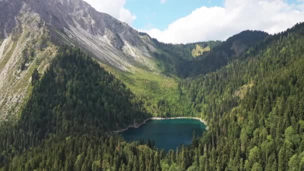 Lago blu nella foresta di montagna dall'alto - Filmati, video