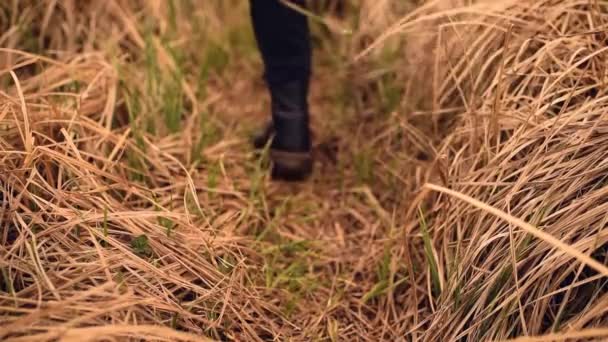 botas brutais maciças na moda preta com pântano de lama nas solas partem na grama seca - Filmagem, Vídeo