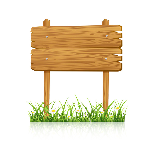 Wooden banner in grass with flower - Vector, Image