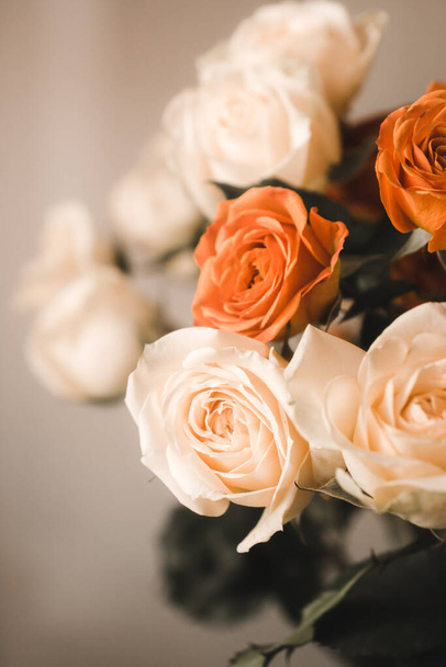 bouquet de roses gros plan sur fond poudreux. concept de carte de vœux. image verticale - Photo, image