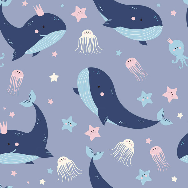 Padrões sem costura com animais marinhos. Baleias azuis, medusas e estrelas-do-mar bonitos em um fundo roxo claro. Vector. Para design, decoração, impressão, têxteis, embalagens e papel de parede - Vetor, Imagem