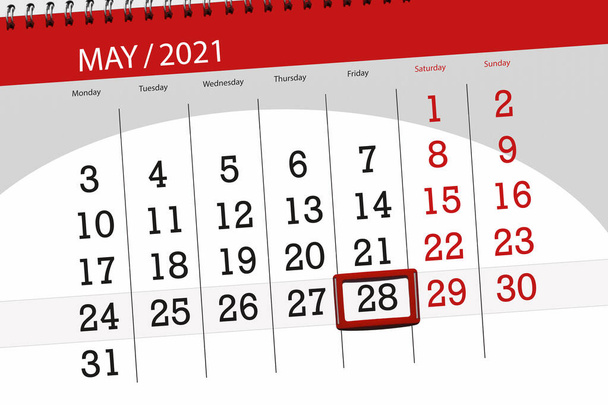 Planer kalendarza na miesiąc maj 2021, termin, 28, piątek. - Zdjęcie, obraz